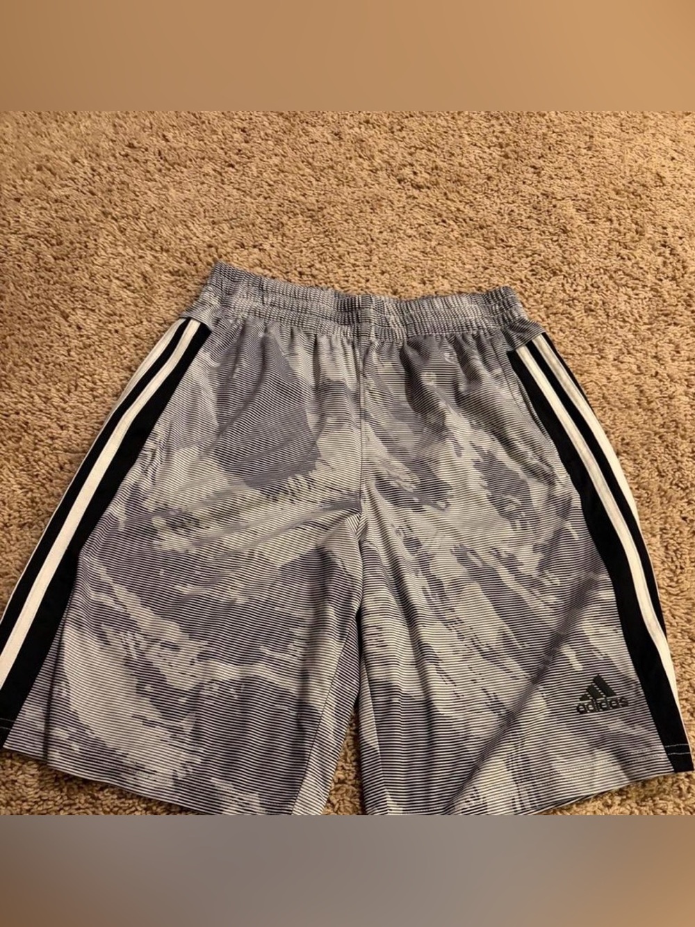 adidas Gray Camouflage Athletic Shorts with Black Side Stripes